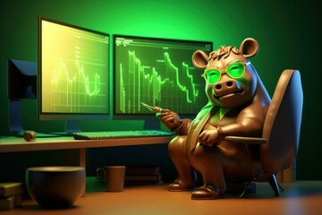 Cute Bull trading on Computer 3d Cartoon Style Rendering, Bullish Divergence in Stock Market and Crypto Currency. Generative Ai