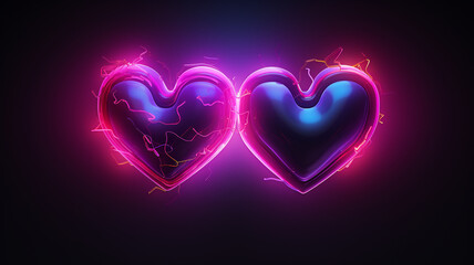 Zwei Herzen in Neon Farben mit Lichteffekten auf dunklem Hintergrund. Lovestory Romance. Partnerschaft. Querformat. Generative Ai.