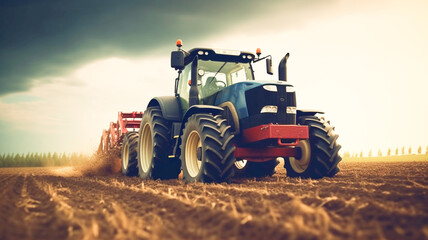 Tractor with harrow in the field against a cloudy sky. Tractor on cloudy sky background, agricultural machine. Tractor in full speed.
