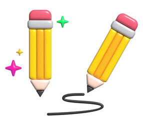 Yellow 3D Cartoon Pencil on a white background. Volumetric wooden object for writing and drawing. Education stationery equipment. 3D render