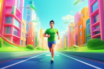 Man Running Marathon on Green City Road 3d Render, Cute Runner Running For Healthy Life Concept. Generative Ai