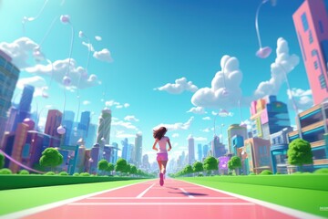 Fototapeta na wymiar Woman Running Marathon on Green City Road 3d Render, Cute Runner Running For Healthy Life Concept. Generative Ai
