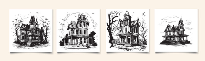 scary house silhouette sketch. Mystical house with monsters and ghosts for Halloween. creepy house. Vector illustration for the store. The tattoo is isolated on a white background.