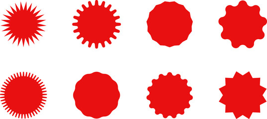 Starburst red sticker set - collection of special offer sale oval and round shaped sunburst labels and badges. Promo stickers with star edges. Vector.