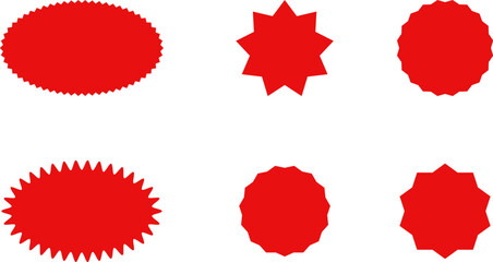 Starburst red sticker set - collection of special offer sale oval and round shaped sunburst labels and badges. Promo stickers with star edges. Vector.