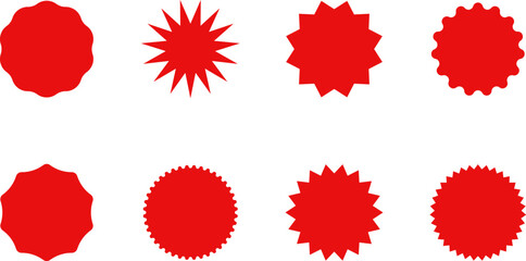 Starburst red sticker set - collection of special offer sale oval and round shaped sunburst labels and badges. Promo stickers with star edges. Vector.