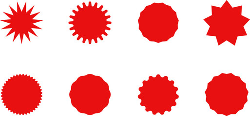Starburst red sticker set - collection of special offer sale oval and round shaped sunburst labels and badges. Promo stickers with star edges. Vector.