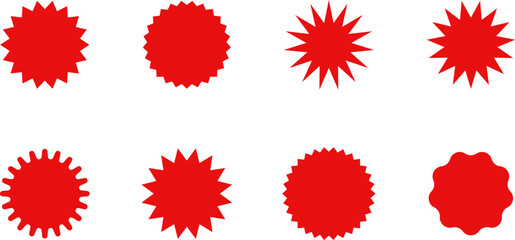 Starburst red sticker set - collection of special offer sale oval and round shaped sunburst labels and badges. Promo stickers with star edges. Vector.