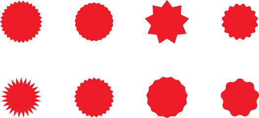 Starburst red sticker set - collection of special offer sale oval and round shaped sunburst labels and badges. Promo stickers with star edges. Vector.