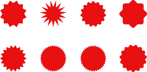 Starburst red sticker set - collection of special offer sale oval and round shaped sunburst labels and badges. Promo stickers with star edges. Vector.