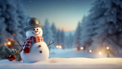 Merry Christmas and happy new year concept, Happy snowman standing in Christmas winter background, Copy space, generative ai