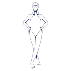 Illustration of a beautiful fashion model posing in a stylish swimsuit wearing sunglasses. Young attractive woman in beachwear. Thin line style