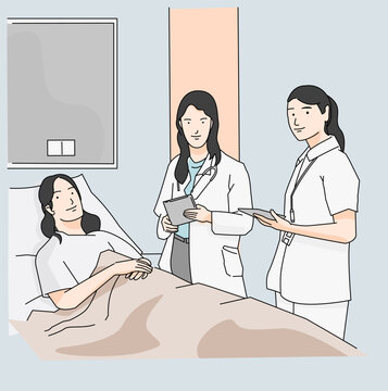 Doctor nurse and patient in hospital room examine smiling insurance concept art illustration 
