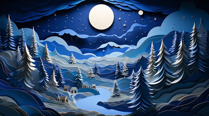 Winter Travel Escapes Dreamy Destinations and Landscape Night Illustration in Papercut Style. Generative AI