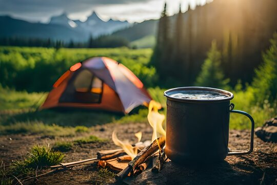 Metal campfire enamel mug with herbal tea on campfire. A cup of water boiling over a fire and a flame. Preparing food on campfire in wild camping.