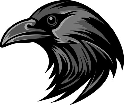 Crow head emblem. Mascot raven bird illustration isolated on white. Image of predator portrait for company use or tattoo.