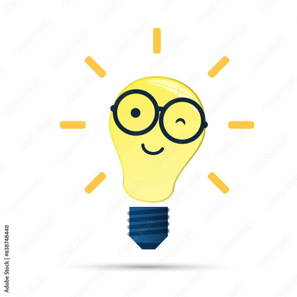 Poster smart idea - design concept with shining bright smiling nerd yellow lightbulb emoji wearing round gl