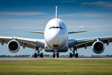 Obraz premium Airline Airbus, aeroplane on airport runway, airplane is flying over a runway