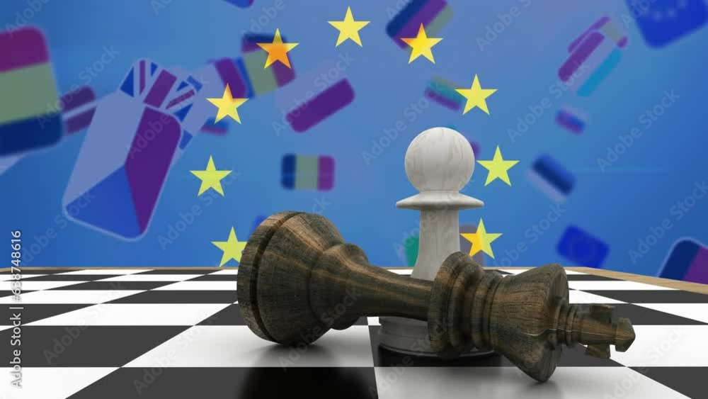 Poster animation of fallen king with pawn and european union flag over falling multiple nation flags