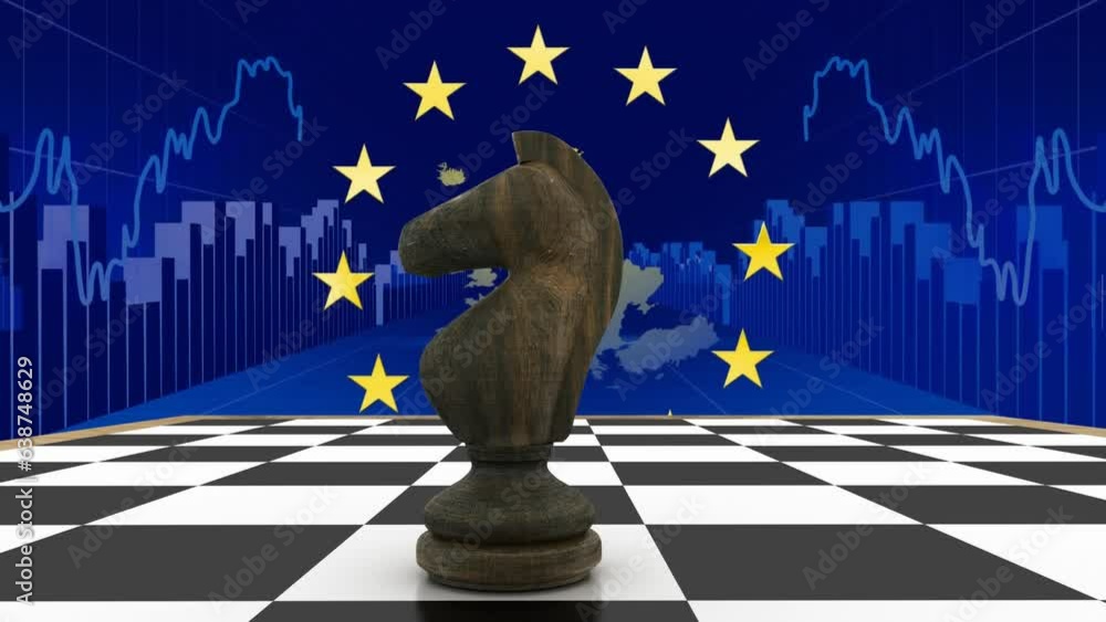 Poster animation of knight on chess board with european union flag, map and graphs over blue background