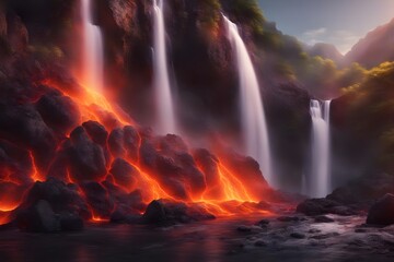 waterfall and burning lava