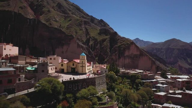 Town of Iruya and surrounding mountains in Argentina, aerial pull-out