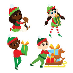 Naklejka premium Set Christmas elves. Multicultural boys and girls in traditional elf costumes. Santa's helpers are happy. They dance, smile, bring gifts, carry lollipops and sweets. Design of Christmas characters.