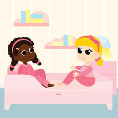 The girls are sitting on the bed in pajamas and talking. This is a children's bedroom in pastel colors. Children's illustration in cartoon style.