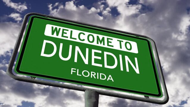 Welcome to Dunedin, Florida. USA City Road Sign Close Up, Realistic 3d Animation