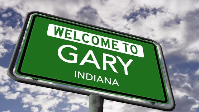 Welcome to Gary, Indiana. USA City Road Sign Close Up, Realistic 3d Animation