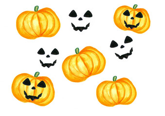 Set of pumpkins and halloween faces isolated on white background. Orange pumpkins with green shoots. Watercolor. The face is black. Some faces on pumpkins, some on a white background. Smiles carved fr