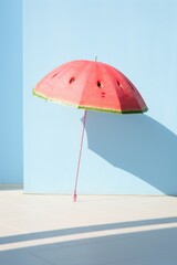 A creative umbrella made from watermelon flesh against a blue backdrop, showcasing the fusion of summer vibes and protective symbolism