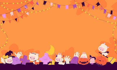 Fototapeta premium Cartoon Banner with Cute LLama Alpaca wearing Halloween Costumes, Pumpkins, Zombie Hands and Gravesa