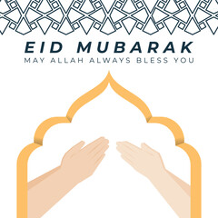 Eid Mubarak Greeting and wishes with hand gesture and white clean geometric shape pattern background