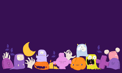 Cartoon Halloween Banner with Cute Monsters,Pumpkin, Zombies Hands and Graves