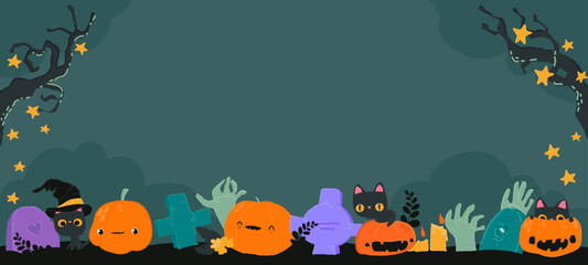 Cartoon Halloween Banner with Pumpkin, Zombies, Cats and Graves
