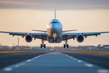 Airline Airbus, aeroplane on airport runway, airplane is flying over a runway