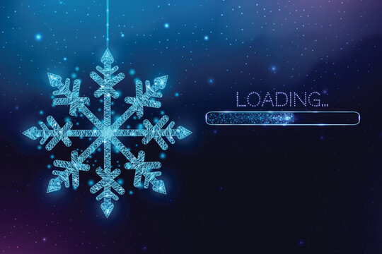 Wireframe Christmas ball and loading bar, low poly style. Merry Christmas and New Year banner. Abstract modern 3d vector illustration on blue background