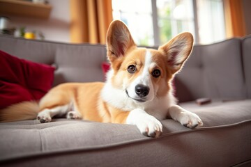 Beautiful, smart, calm purebred corgi dog lying on on sofa in living room. 