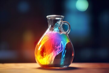 Close Up of a Science Beaker Filled with Multi Colored Liquids. 