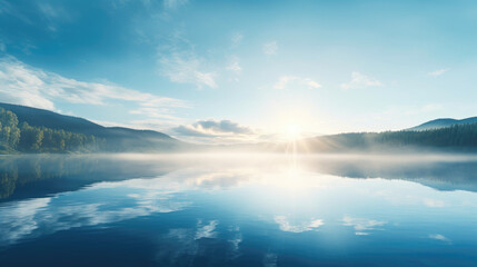 Obraz premium view of lake. Bright morning scene, clear reflection, Generative AI