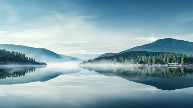 view of lake. Bright morning scene, clear reflection, Generative AI