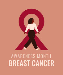 Black Woman near big pink ribbon as Breast cancer awareness symbol. Poster of support and solidarity with females fighting oncological diseases. Medical care concept with text. Vector illustration