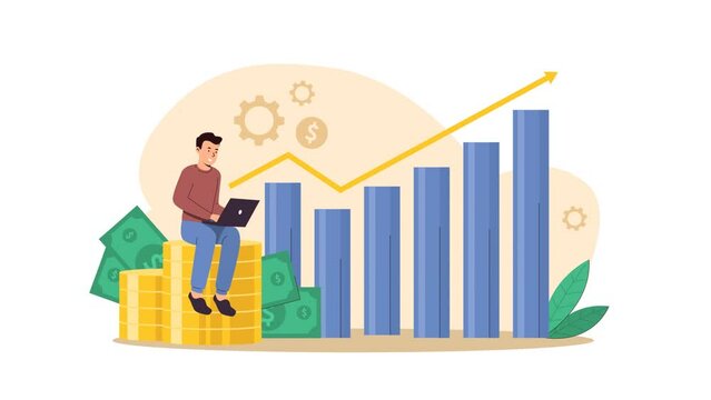 Business financial growth with pile of coins and graphic chart increase. Wealth and successful businessman animation