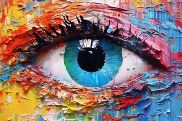 Fototapeta premium “Fluorite” oil painting. Conceptual abstract picture of the eye. Oil painting in colorful colors. Conceptual abstract closeup of an oil painting and palette knife on canvas.
