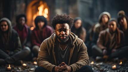 homme triste, anxieuse et déprimée lors d'une réunion d'un groupe de soutien pour les problèmes de santé mentale et d'addiction dans un espace communautaire anonyme.