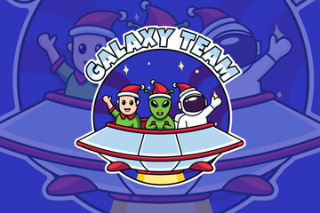 cute of aliens, astronauts, and people in Christmas costume ride ufo with galaxy background mascot logo