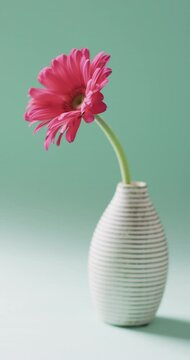 Vertical video of pink gerbera flower in white vase with copy space on green background