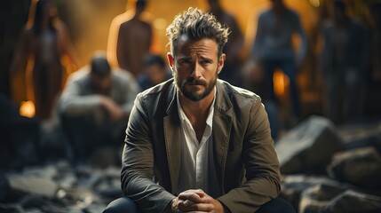 homme triste, anxieuse et déprimée lors d'une réunion d'un groupe de soutien pour les problèmes de santé mentale et d'addiction dans un espace communautaire anonyme.