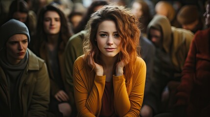 Obraz premium Femme blanche triste, anxieuse et déprimée lors d'une réunion d'un groupe de soutien pour les problèmes de santé mentale et d'addiction dans un espace communautaire anonyme.